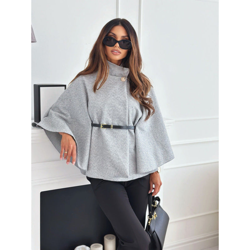 fashion women's winter elegant solid color waist-cinching tie-up wool blend cape coat