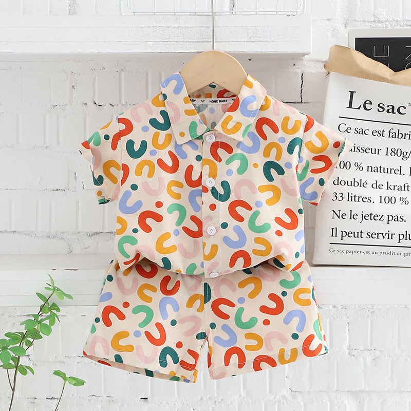 Dopamine colorful print kids' short-sleeve shirt summer set, infant casual shorts two-piece outfit, korean style