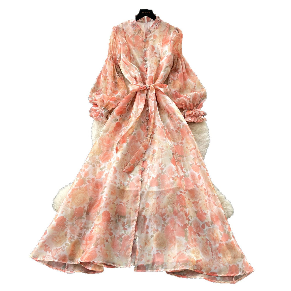 French romantic lantern sleeve printed dress - women's  autumn collection - slim fit a-line maxi dress - commute chic & elegant