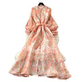 French romantic lantern sleeve printed dress - women's  autumn collection - slim fit a-line maxi dress - commute chic & elegant