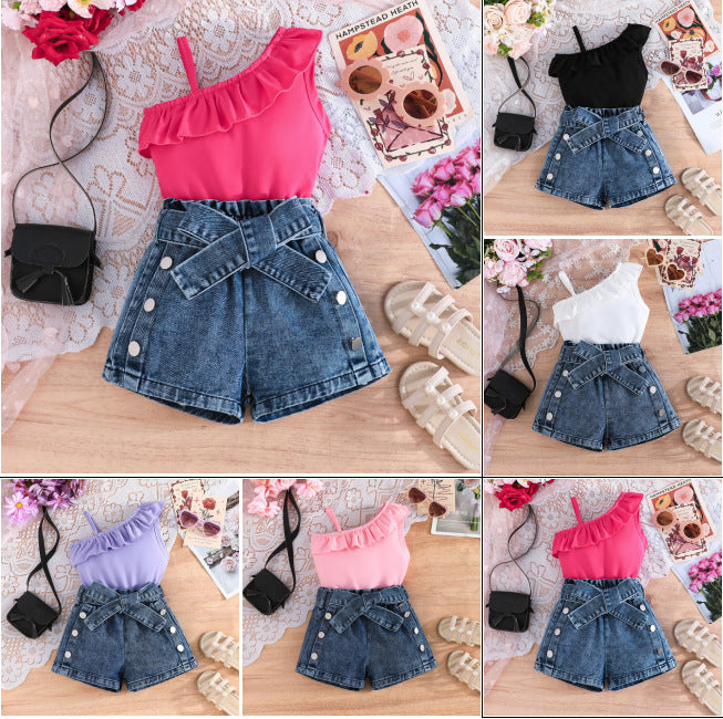 new cross-border fashion: european and american summer girls' one-shoulder cami top + denim butterfly shorts three-piece set