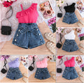 new cross-border fashion: european and american summer girls' one-shoulder cami top + denim butterfly shorts three-piece set