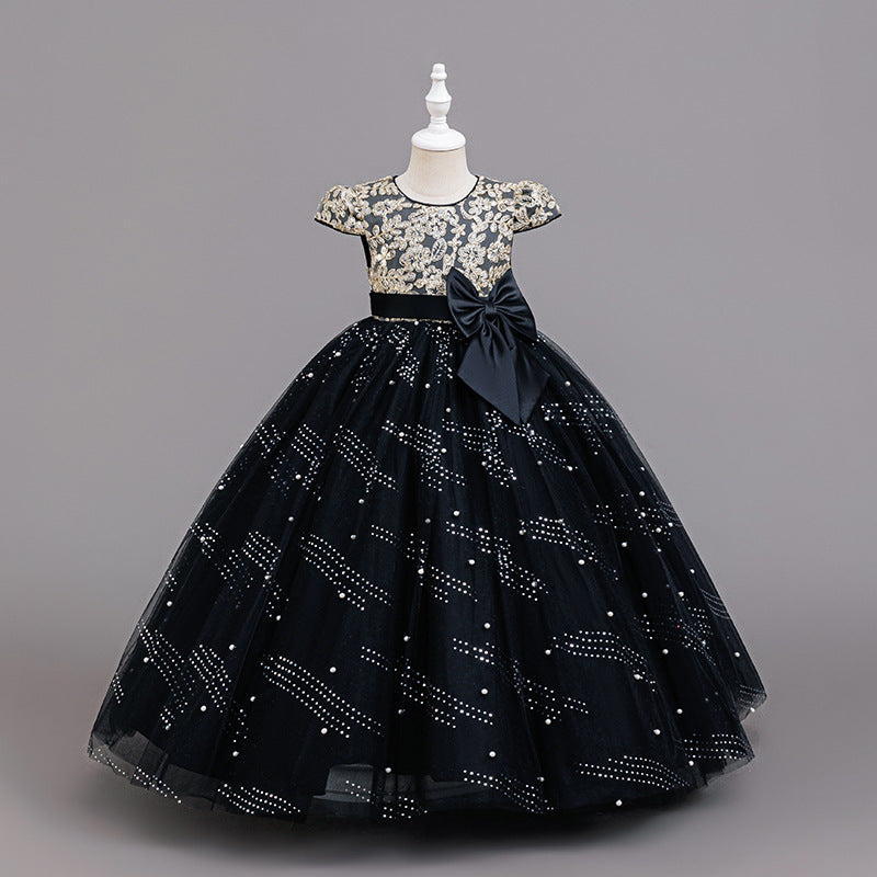export girls' dress - mid-to-large size, short-sleeve wedding dress, flower girl performance dress, princess gown, floor-length style