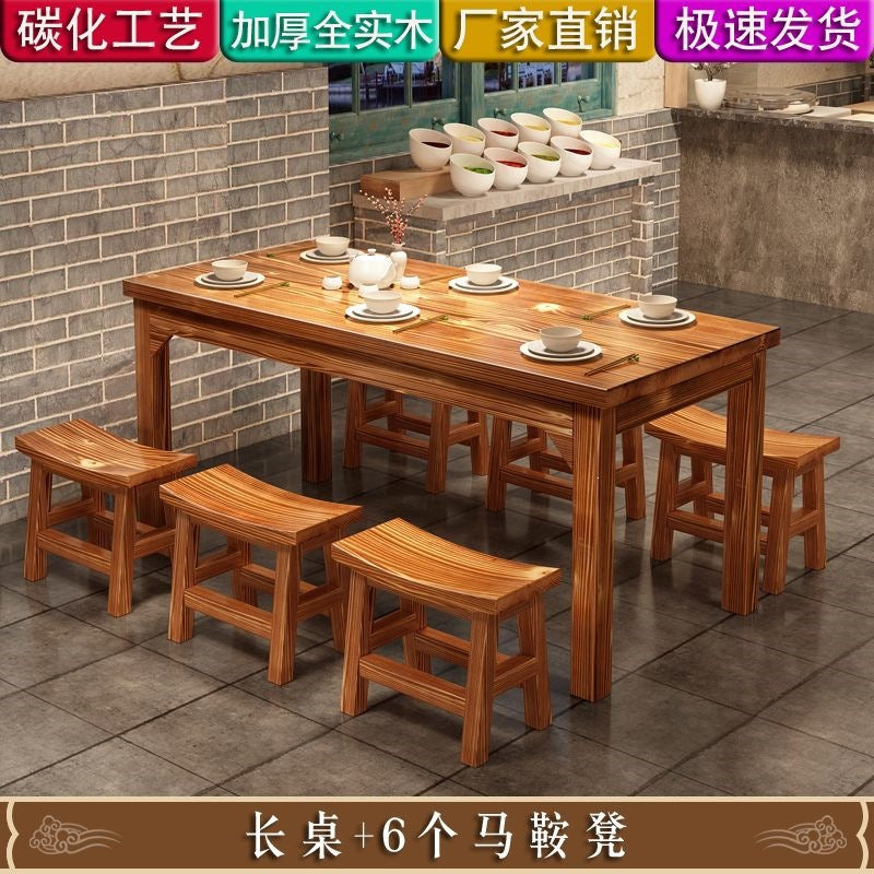 Solid wood dining table snack bar table and chair combination noodle shop hot pot restaurant canteen carbonized fast food firewood dining table