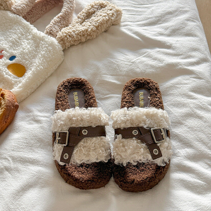 Teddy curl thick sole furry slippers outwear new arrivalfall and winter belt buckle home stuffed cotton slippers women's loafers