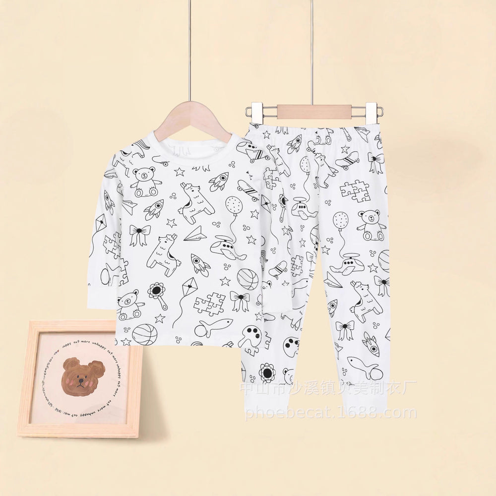 Class a cotton kids home wear suit boys and girls youth graffiti autumn clothes and long trousers close-fitting in stock wholesale