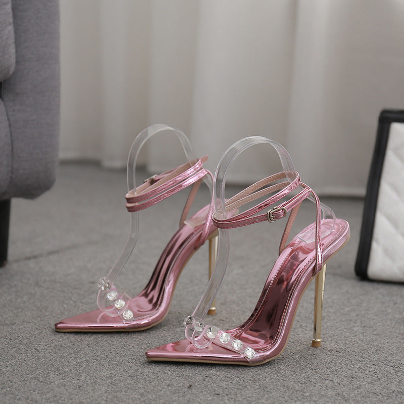 Wholesale high heel factory: european and american style new cross-strap stiletto heel sandals with silver rhinestone detailing - ultra high heels