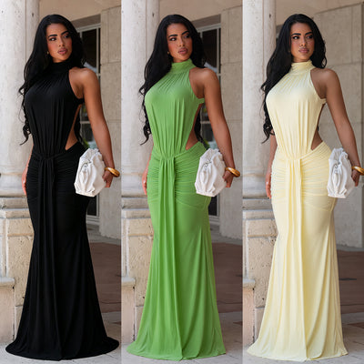 C7812 cross-border  new women's sexy high-neck backless evening gown long dress ruched bodycon mermaid dress