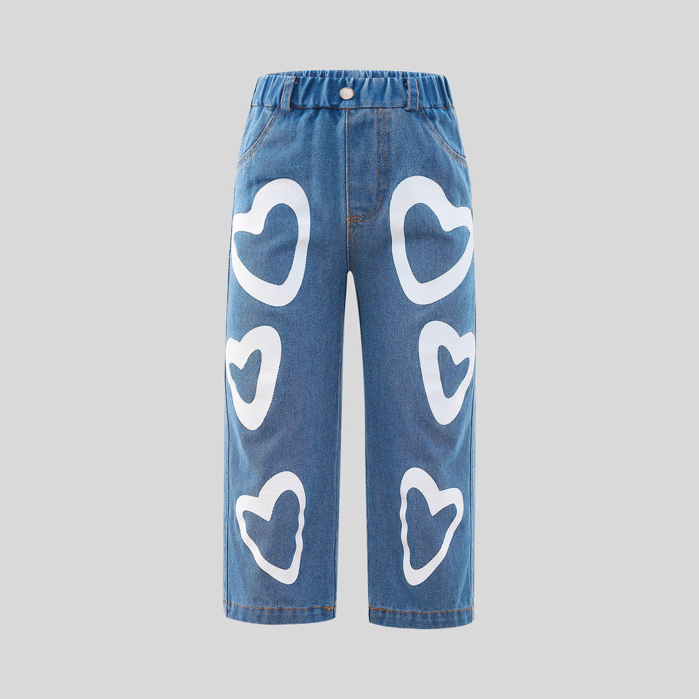 Girls' straight-leg denim pants - blue, heart print, high-waisted wide-leg trousers for kids ages 4-8