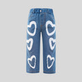 Girls' straight-leg denim pants - blue, heart print, high-waisted wide-leg trousers for kids ages 4-8