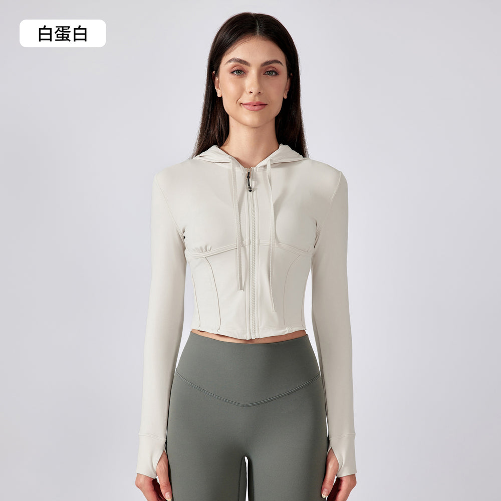 New women's outdoor sports & fitness apparel: slim-fit, short yoga jacket with hood and drawstring – daw184
