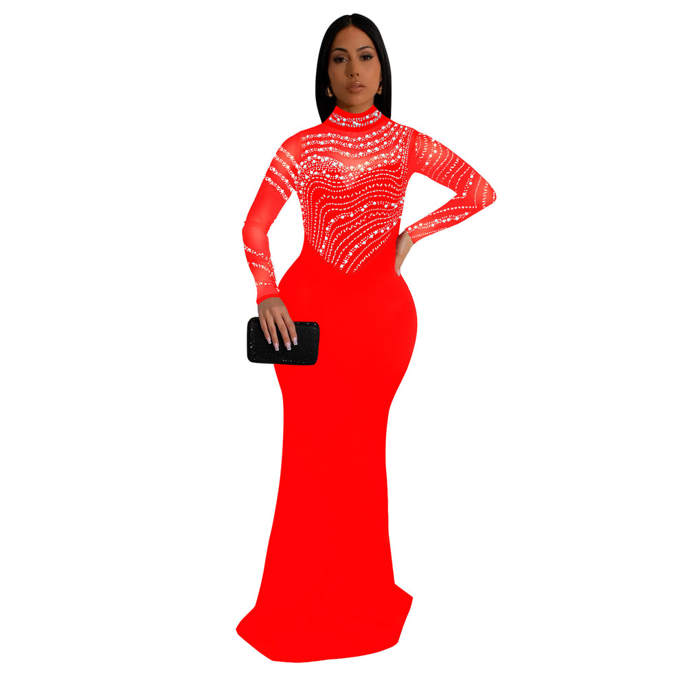 C7043 cross-border   independent station fashionfashion women's solid color hot diamond longdress new