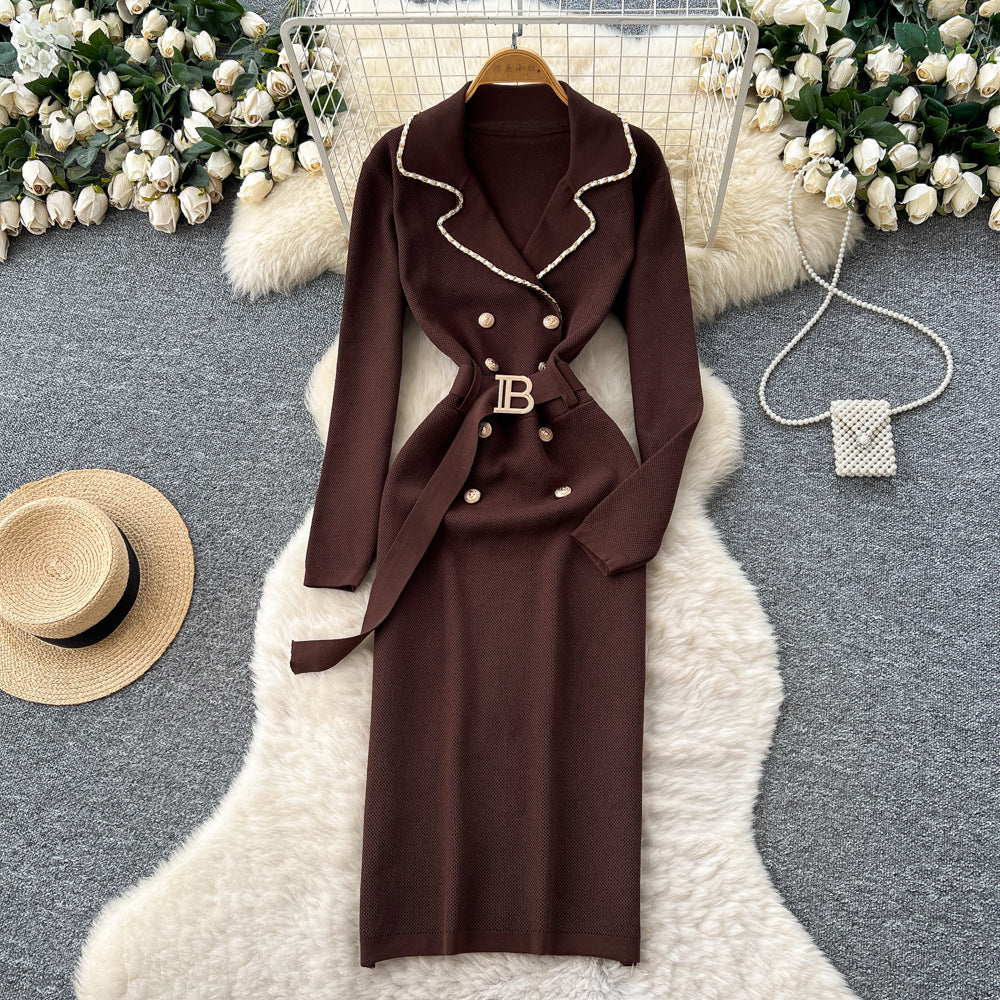 French chic color block double-breasted knit dress with tie waist and long sleeves - women's sweater maxi dress