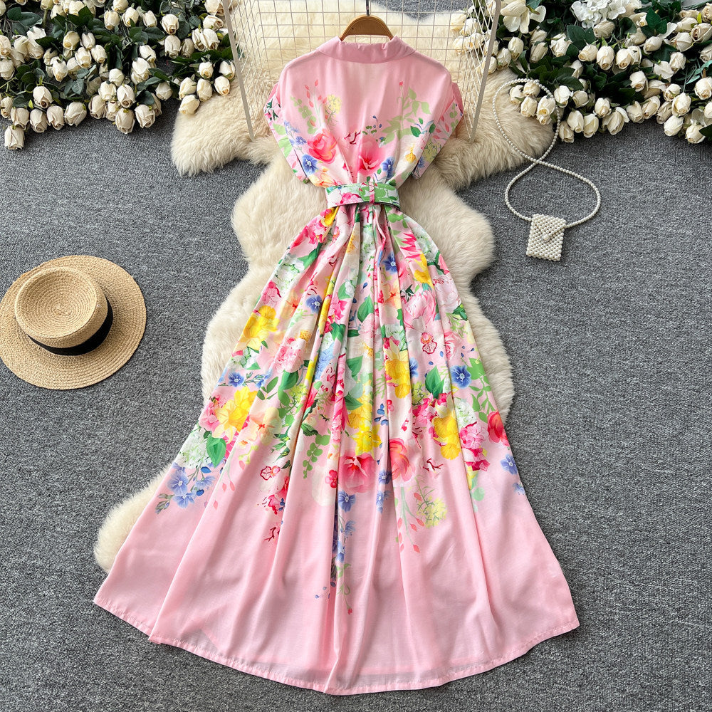 Korean style v-neck tie-waist printed dress - women's summer sleeveless floral maxi a-line dress - high waist, commute-friendly