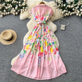 Korean style v-neck tie-waist printed dress - women's summer sleeveless floral maxi a-line dress - high waist, commute-friendly