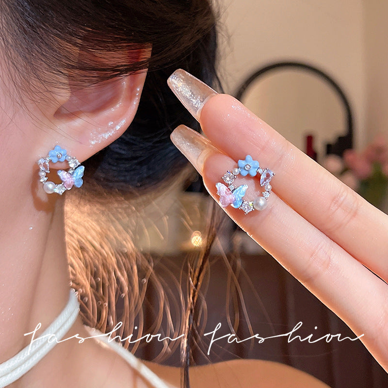 Sweet gradient butterfly flower stud earrings - women's high-end, light luxury design, elegant, fresh, and gentle style earrings
