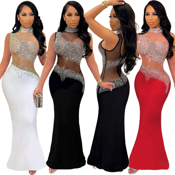 S390246 Cross-border  eBay Women's Sexy Perspective Hot Diamond Sleeveless Dress Women's Night Club Evening Dress