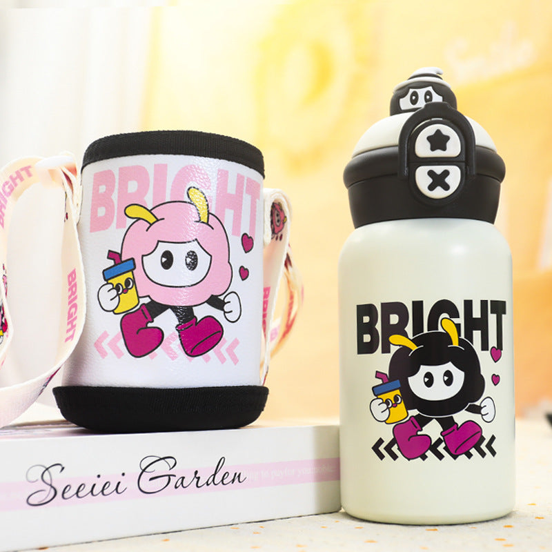 Cute kids thermos cup 316 stainless steel food grade student straw cup big belly water cup outdoor water kettle gift