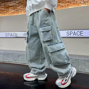 Boys' denim cargo pants - spring/autumn style, trendy streetwear, new spring  collection, mid-to-large size kids' clothing, autumn fashion for boys