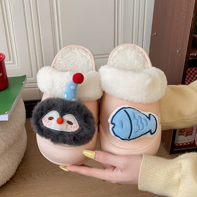 2025 winter new cartoon penguin & fish cotton slippers - thickened, warm, platform sole, detachable cotton slippers for women - wholesale