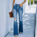 Ebay european and american cross-border foreign trade  new style washed denim ripped raw edge elastic bootcut pants  women