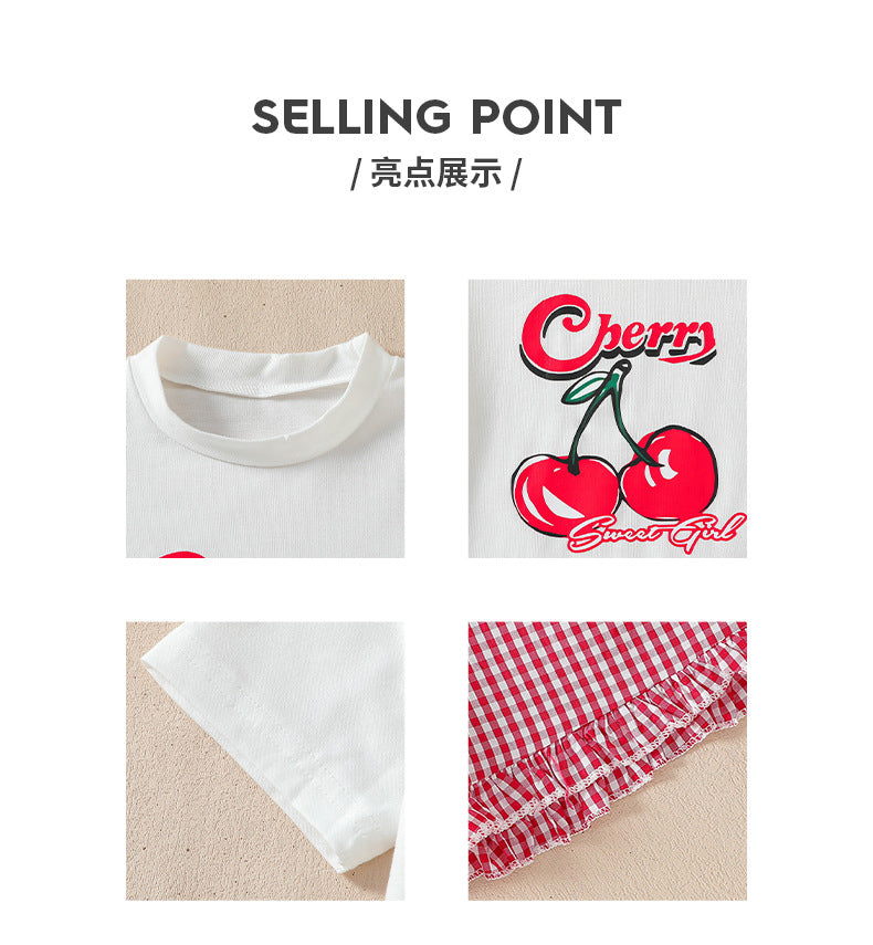 Girls' summer outfit: cherry print round neck lace-trimmed shorts set - sweet & cute casual two-piece for export