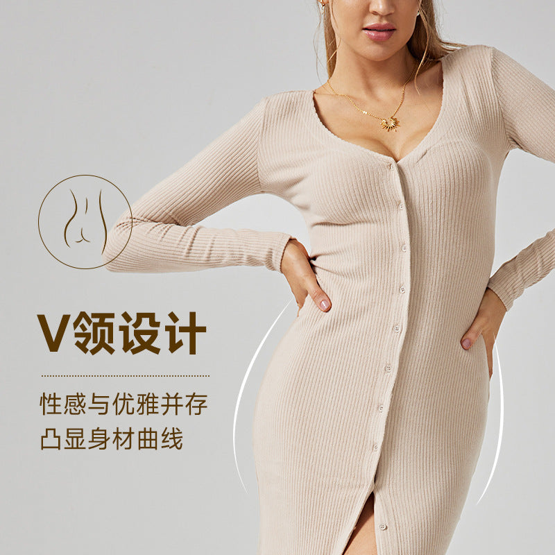 French chic, elegant, and feminine yoga dress - long sleeve v-neck, soft, sexy, bodycon fitness dress for autumn and winter