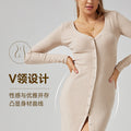 French chic, elegant, and feminine yoga dress - long sleeve v-neck, soft, sexy, bodycon fitness dress for autumn and winter