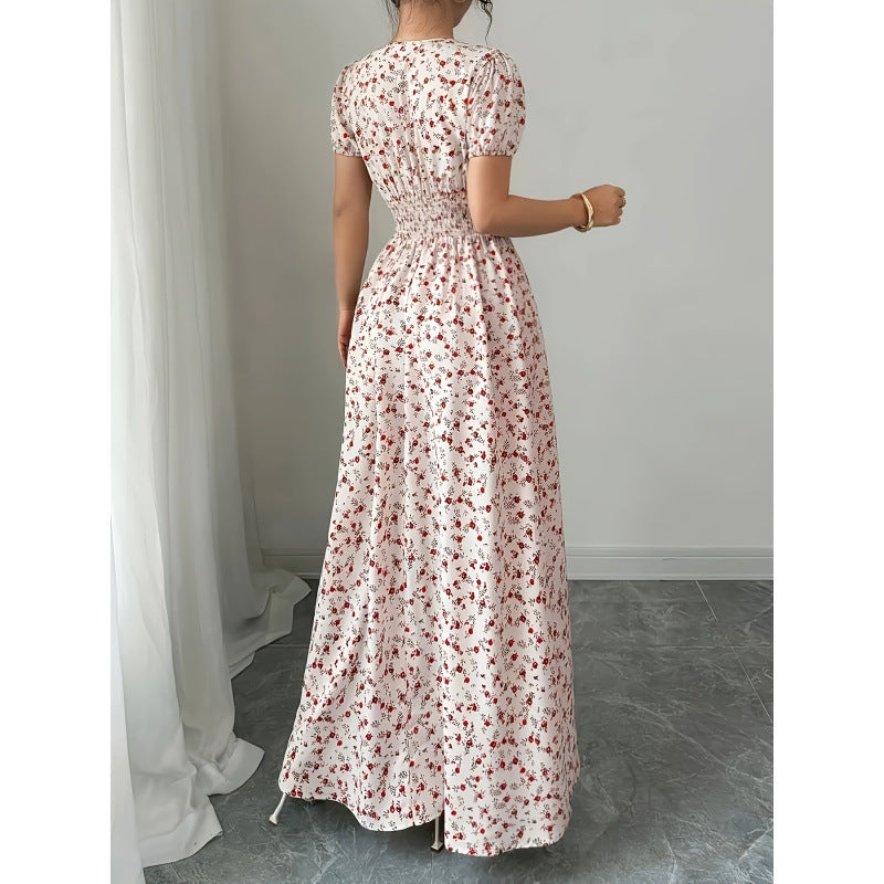 listing: new  women's original elegant lace-up v-neck puff sleeve printed dress