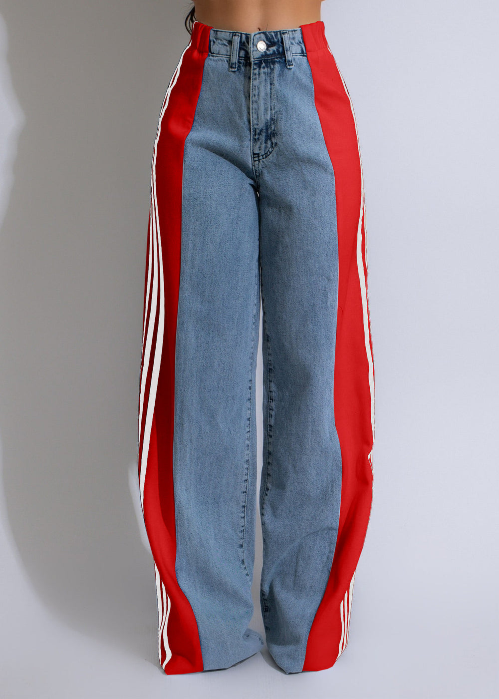 summer fashion patchwork three-stripe wide-leg denim pants - new women's casual high-waisted stretch straight-leg trousers