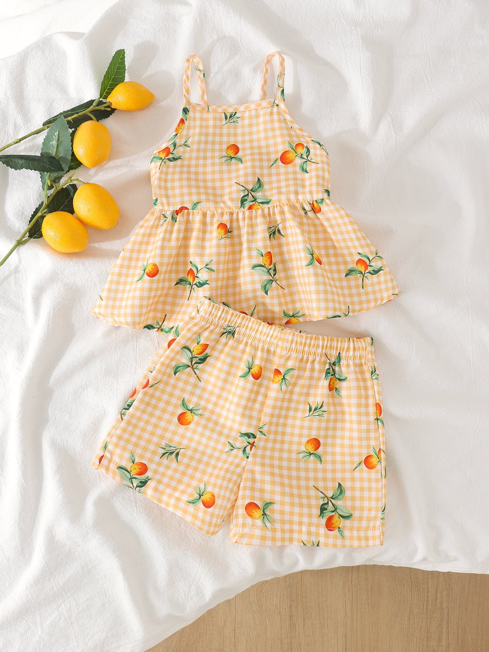 Children's clothing cross-border european and american girls yellow suspender tops+shortstwo-piece set children's clothing