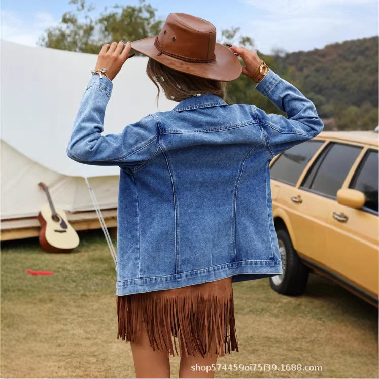 Amazon tiktok pinduoduo export cross-border american retro denim outwear women's classic lapel easiest for match jacket