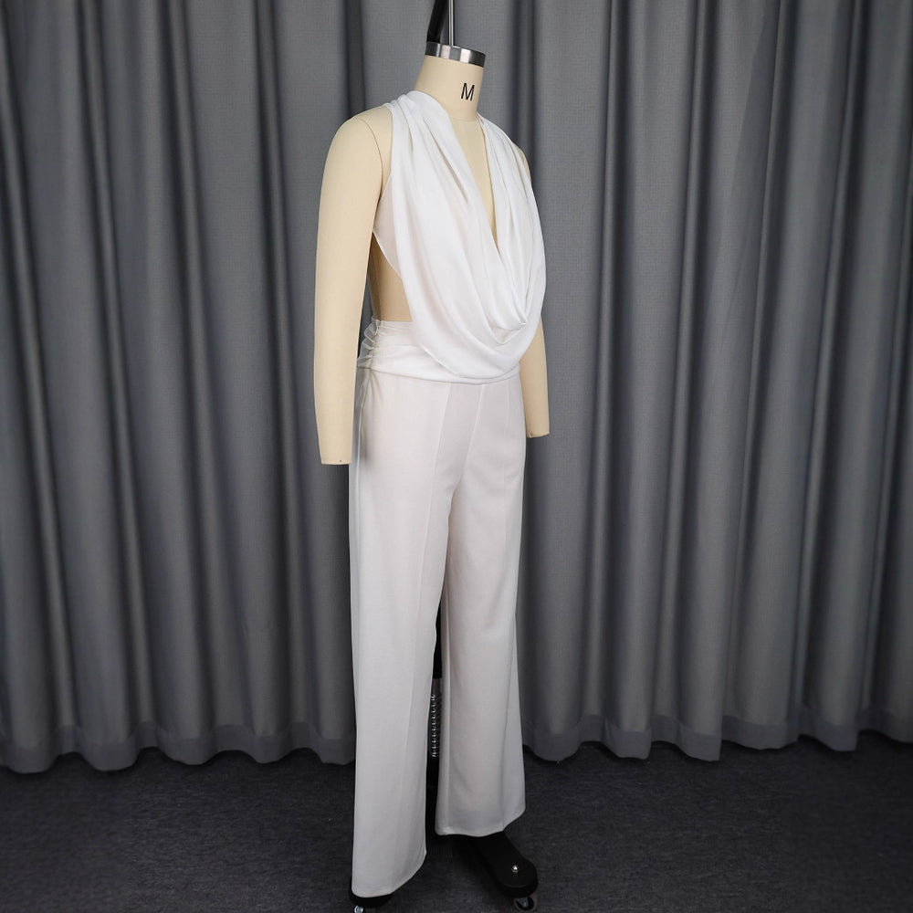 European and american sexy halter deep v top & chic white wide-leg pants two-piece set