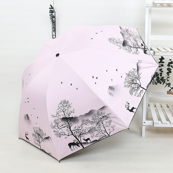 Small fresh and retro wind umbrella, simple sunscreen and UV protection sun umbrella, cartoon deer folding weather and rain umbrella