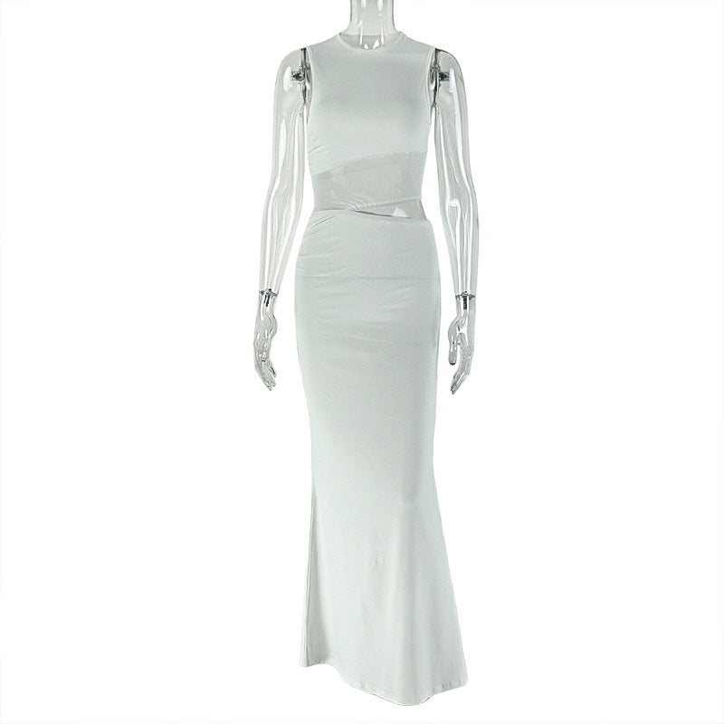 European and american style hot-selling women's clothing: sexy round neck, semi-sheer paneling, bodycon mini dress, slim-fit solid color, unique long dress