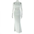 European and american style hot-selling women's clothing: sexy round neck, semi-sheer paneling, bodycon mini dress, slim-fit solid color, unique long dress