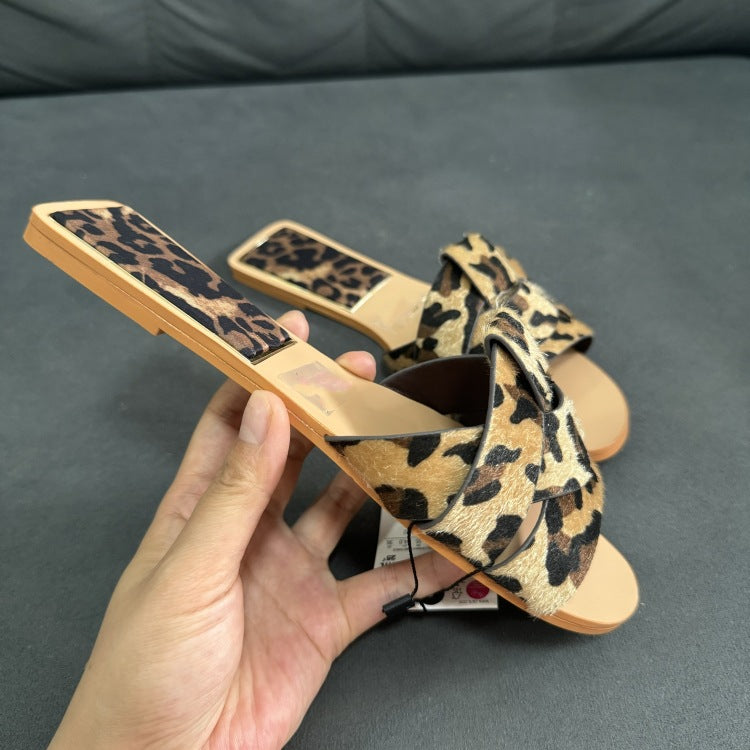 Spanish summer new arrivals: women's leopard print leather flat casual open-toe sandals and slippers