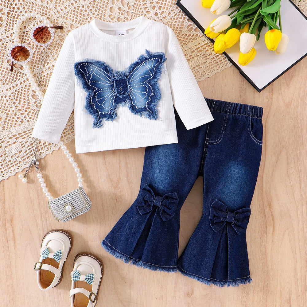 insfashionfall and winter hot-selling pants suit long sleeves patch butterfly topsmatching flared jeans suit