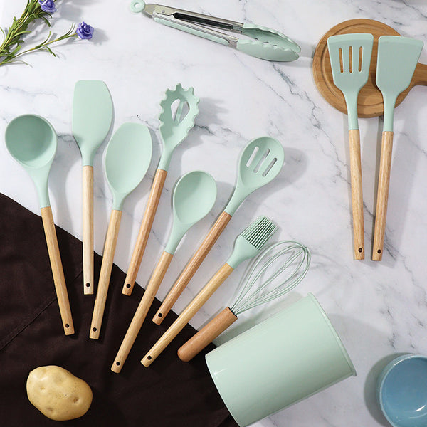 Wooden handle silicone kitchen utensils 12-piece set, non-stick pan special spatula spoon set, household high temperature silicone spoon