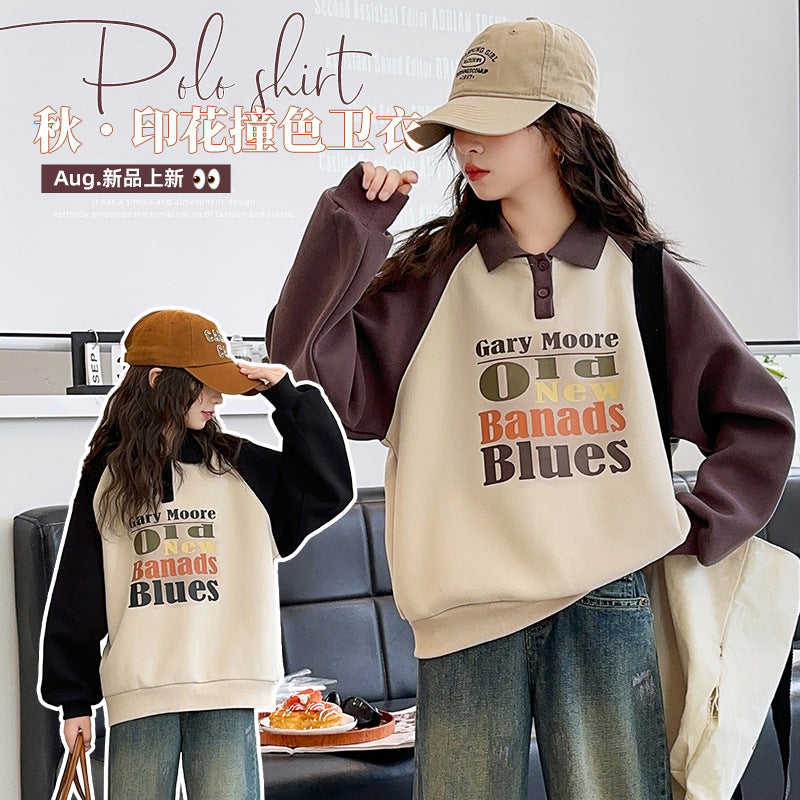 Girls' sweatshirt  new kids' spring/autumn fashionable polo collar top, loose casual children's clothing top for mid-to-large children
