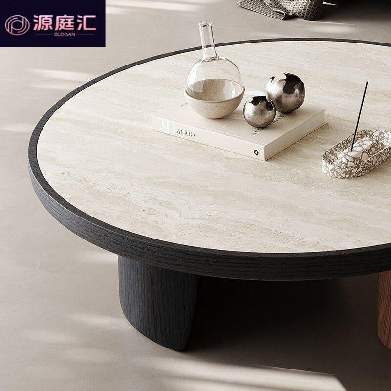 Travertine coffee table - modern minimalist, small apartment, mid-century modern style, living room, home, light luxury, creative round "moon embrace" coffee table