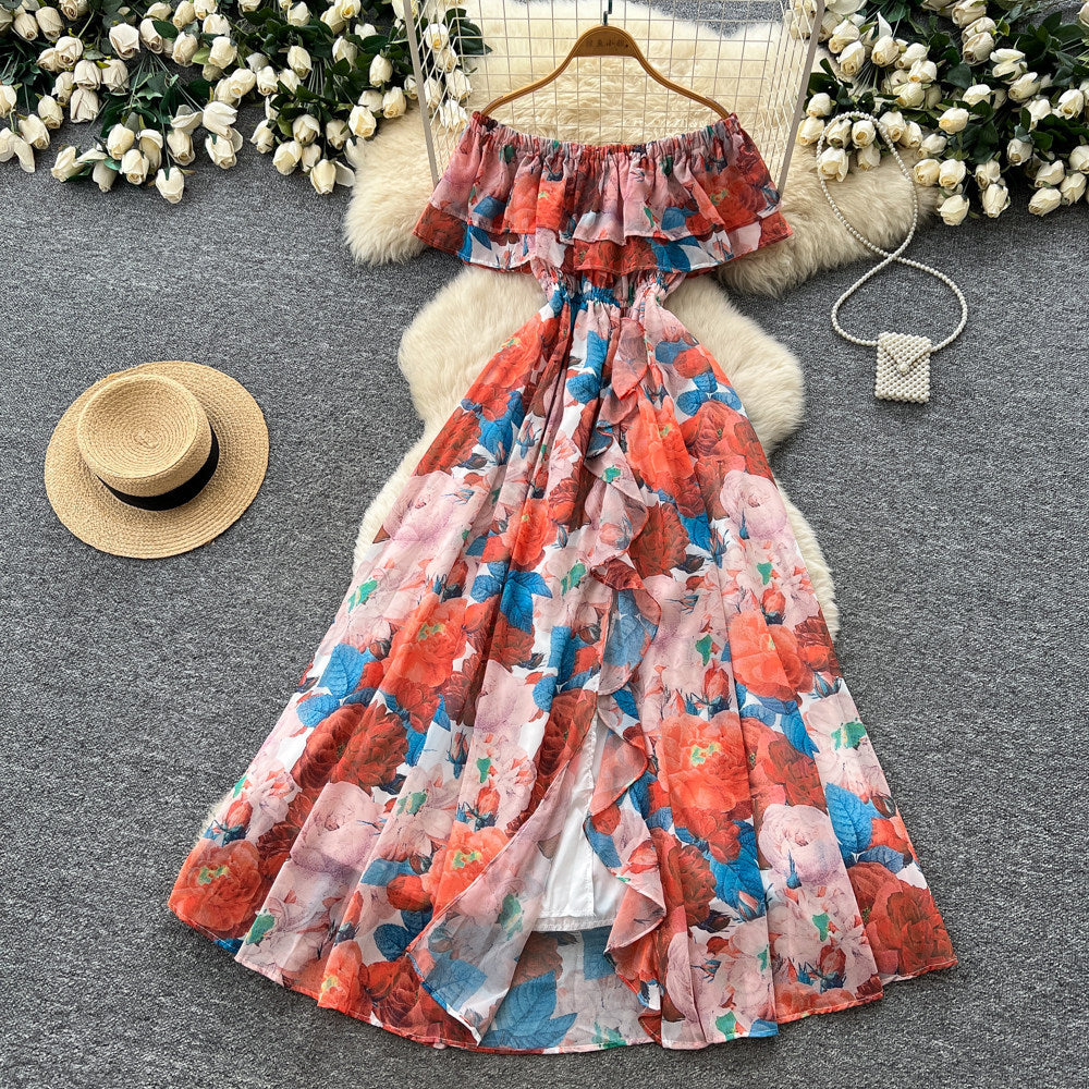 Pure desire style one shoulder ruffles floral dress women's summer sleeveless waist slimming lookelegant vacation style long dress