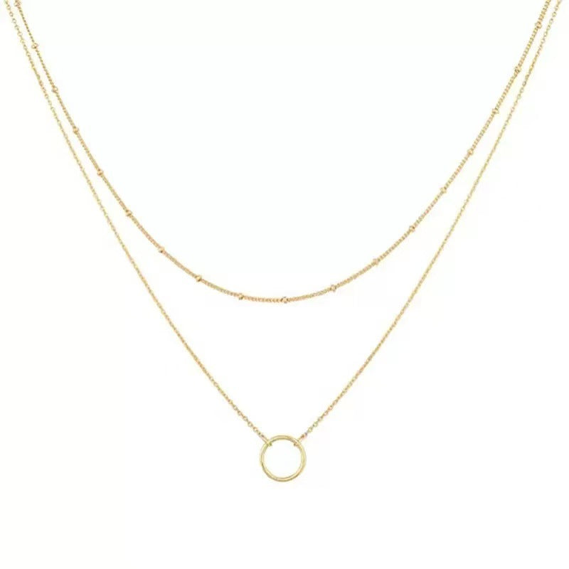 European and american cross-border wholesale jewelry minimalist round ring double layer necklace copper bead chain clavicle chain gold circle pendant necklace