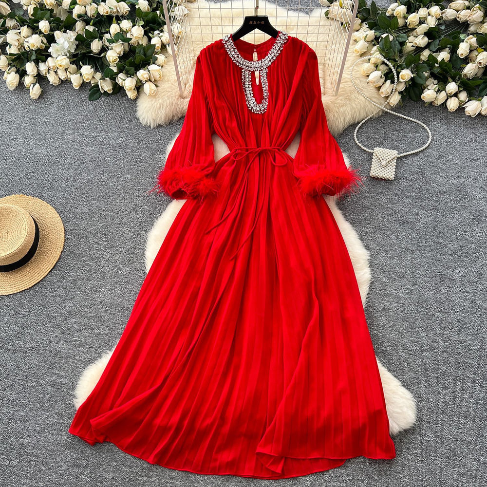 French-style, heavily embellished, diamond-studded, faux fur sleeve, high-end pleated dress - women's loose-fit, tie-waist, elegant long dress
