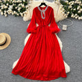French-style, heavily embellished, diamond-studded, faux fur sleeve, high-end pleated dress - women's loose-fit, tie-waist, elegant long dress