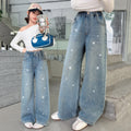 Girls' korean style rhinestone fireworks denim wide-leg pants - spring/autumn kids' high-waisted  new arrival - slimming straight-leg, stylish and trendy