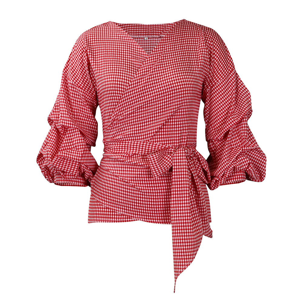 D3319export summer large size fashion v neck puff sleeve large bow decoration shirt plaid strap european and american tops