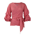 D3319export summer large size fashion v neck puff sleeve large bow decoration shirt plaid strap european and american tops
