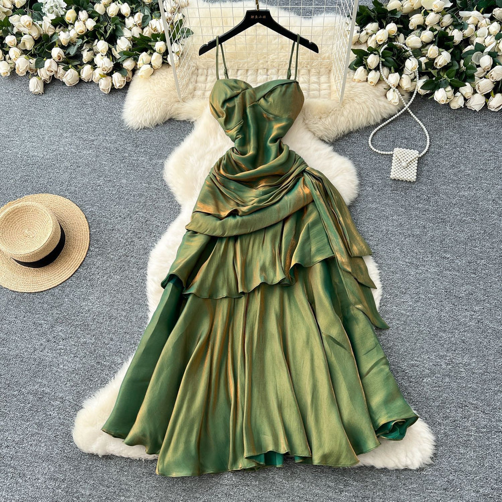 French goddess style design square neck bandeau strap ruched waist ruffle hem mini dress long gown