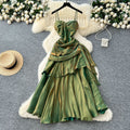 French goddess style design square neck bandeau strap ruched waist ruffle hem mini dress long gown